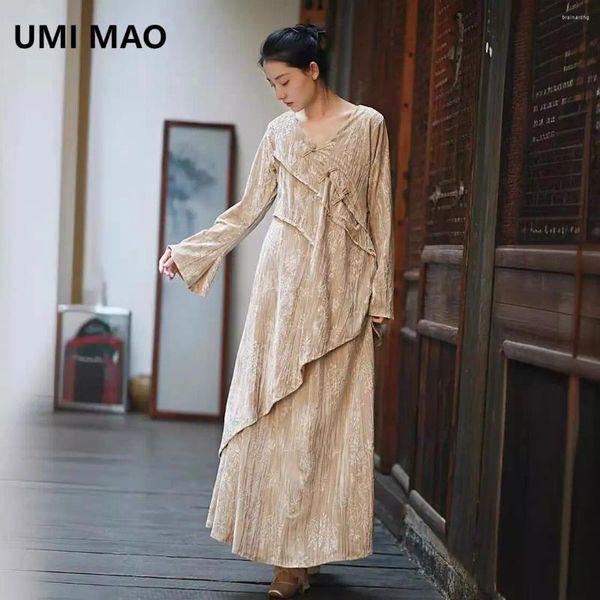 Vestidos de trabajo Umi Mao Conjunto de terciopelo Primavera Verano 2024 Estilo chino Impreso Top Half Falda Conjuntos Femme
