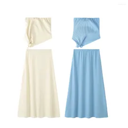 Vestidos de trabajo unizera2024 producto de primavera moda para mujeres de color sólido sujetador oblicuo de borde top plegado set casual