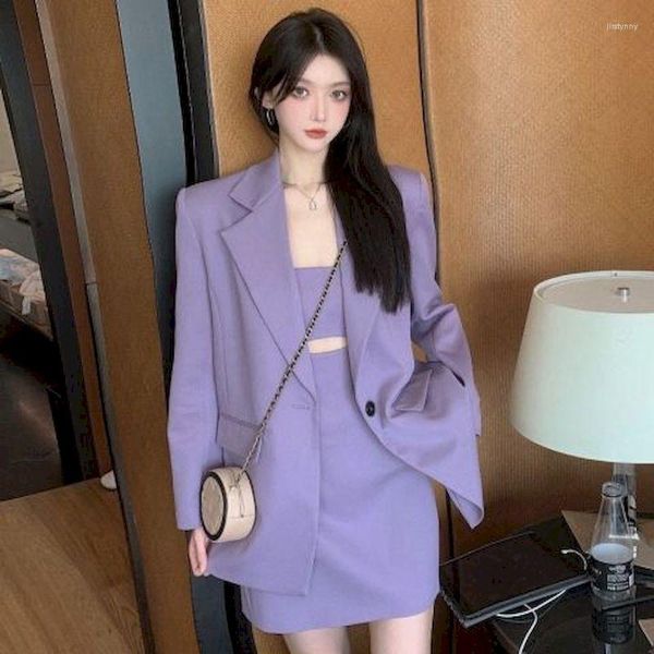 Robes de travail UNXX femmes automne mode violet Blazer fronde jupe deux pièces costume 2023 décontracté tenue professionnelle coréen élégant robe ensemble