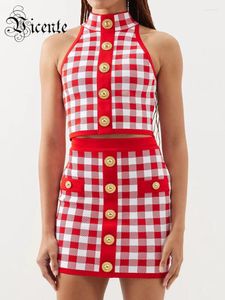 Werk jurken VC 2 -delige sets vrouwen outfit 2024 Summer Fashion Vintage Red Plaid Female Clothing strakke bandage rokpak met knop