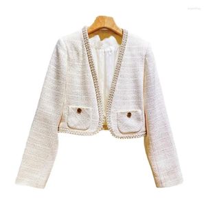 Vestidos de trabajo VII 2024 S Ropa de mujer temprana de primavera Pearl Tweed Tweed Chaqueta de cuello en V y juegos de media falda para mujeres 2 piezas