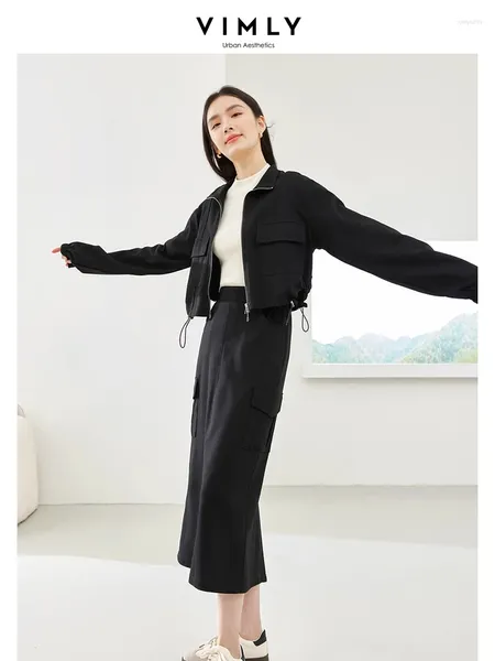 Robes de travail Vimly jupe noire ensemble automne vestes courtes taille élastique jupes droites 2 pièces pour femmes 2023 ensembles assortis décontractés M5056