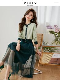 Werkjurken vimly Koreaanse mode tweedelige sets groen gebreide vest en midi mesh rok dames lente 2 outfits matching set m3386