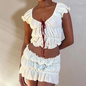 Vestidos de trabajo Conjunto vintage de 2 piezas Lindo arco Cuello en V Tops cortos fruncidos Mini lápiz Fairycore Cottage Camiseta Y2K Kawaii Trajes dulces Mujeres