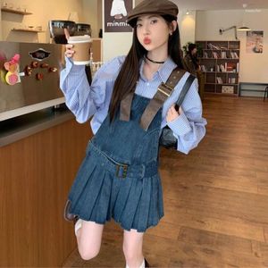 Werkjurken Vintage Halter Denim Dress Pak Koreaanse vrouwelijke revers Lange mouwen shirt tops met mini y2k hoge taille camisole geplooide set