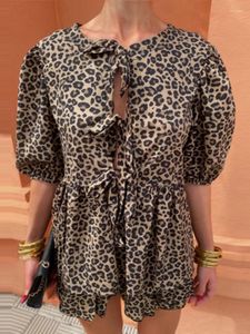 Robes de travail Vintard Leopard Print Mini jupe de jupe Femme Femmes Bow Lace Up O-Neck Shirts Shirts Sexy 2024 Summer Ladies