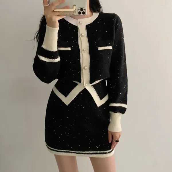 Robes de travail Vintage Sequin tricoté deux pièces ensemble pour femmes contraste couleur à manches longues cardigan haut mini jupe ensembles tenues de mode coréenne