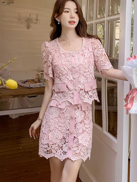 Robes de travail Vintage simple boutonnage rose dentelle jupe ensembles pour femmes à manches courtes Blouse décontracté fête 2 pièces tenues Femme costume été