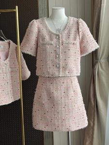 Vestidos de trabajo Vintage Tweed Conjunto de dos piezas Chaqueta de mujer Abrigo Falda Trajes Verano Pequeña fragancia 2 conjuntos Moda coreana de alta calidad