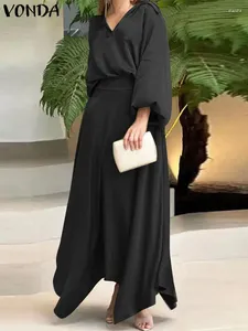 Werkjurken Vonda 2024 Fashion Summer Women Vintage Casual Dress Sets Lange Mouw 2PCS V-Neck Solid Color Loose Tops Rokken Elegant