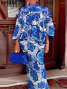 Werkjurken Vonda Boheemian Floral Printed Dress Sets 2024 Women Flare Sleeve Suits Summer Stand Collar Top Rok 2 PCS Matching