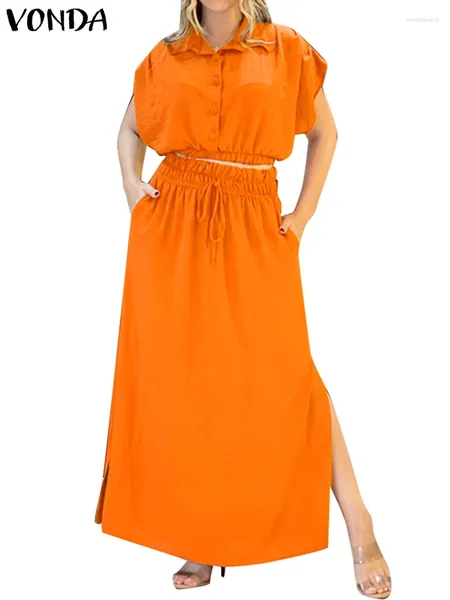 Vestidos de trabajo VONDA Summer Maxi Dress Sets 2024 Mujeres Casual Sólido Manga corta Tops de moda y cintura elástica Falda larga Botón a juego