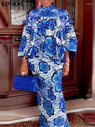 Robes de travail VONDA femmes robe imprimée florale ensembles 2024 bohème manches évasées costumes col montant haut et jupe maxi 2 pièces correspondant