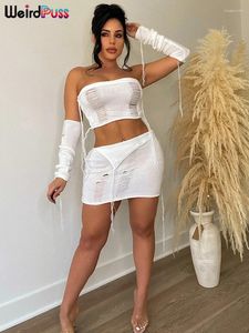 Robes de travail Bizarre Puss Crochet Pull 2 Pièces Ensemble Femmes Maigre Élastique Corset Top Avec Gant Pêche Jupes De Hanche Assorties Tenues De Streetwear