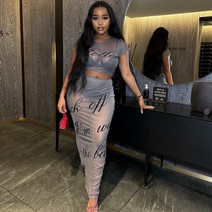 Werk jurken rare kuts sexy zie door vrouwen 2 -stuk set brief gradiënt afdrukken met lange mouwen crop tops rokken bijpassende streetwear outfits