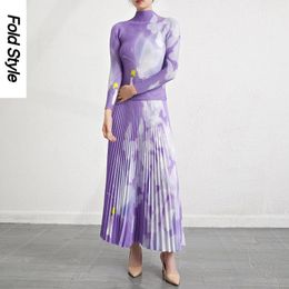 Robes de travail à la mode occidentale, ensemble décontracté pour femmes, automne, pliable, élastique, manches longues, imprimé, T-shirt, jupe plissée, deux pièces