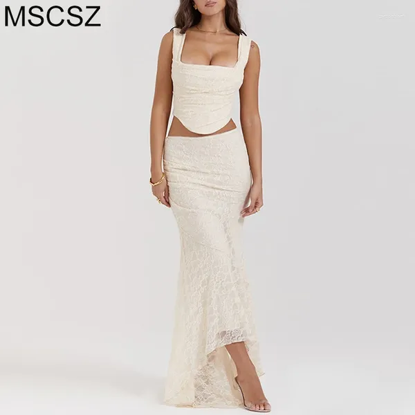 Vestidos de trabajo encaje blanco de dos piezas femeninos elegantes atuendos de fiesta de fiesta y faldas largas Mermaid maxi Vestido