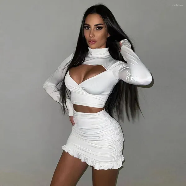 Vestidos de trabajo blanco sexy bodycon de dos piezas otoño invierno de manga larga hueco club nocturno traje femenino con volantes volantes cadera abrigo mini falda mujeres