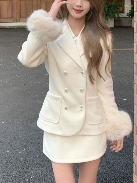 Robes de travail blanc vintage élégant 2 pièces ensemble femmes poches veste manteau rétro mini jupe costume femme France vêtements de créateurs 2024