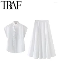 Werkjurken witte vrouwen elegant los shirt pakken 2024 zomer mantel mouw ruches mouwloze blouse vrouwelijke maxi lange rok sets y2k