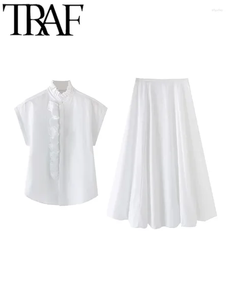 Robes de travail Femmes blanches Chemises lâches Costumes de manche d'été décontractée Ruffles Blouse sans manches