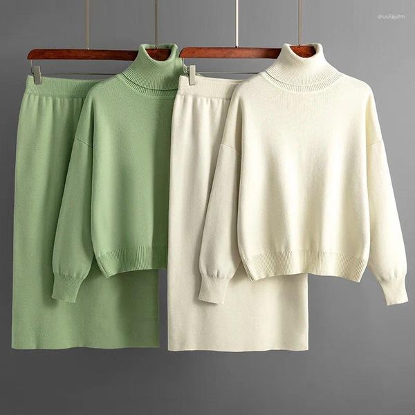 Robes de travail décontractées pour femmes, ensemble deux pièces vert, ample, couleur unie, pull à col roulé, jupe, tenues féminines d'automne