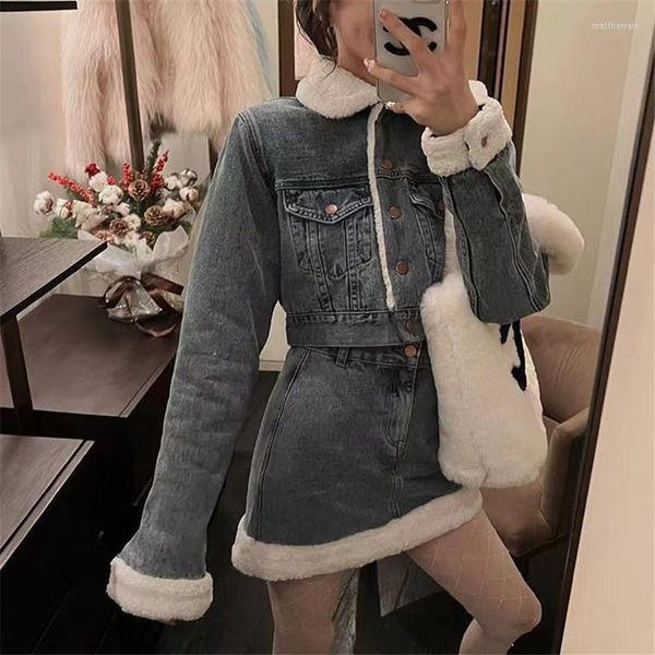 Robes de travail Hiver Mode 2 Pièces Laine Rembourré Denim Costumes Chic Épais Veste Courte Taille Haute Mini Jupe 2pc Rétro Bleu Jeans Correspondant