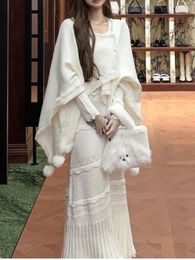 Vestidos de trabajo Invierno Francia Princesa Elegante Conjunto de 2 piezas Mujeres Borla Sólido Diseñador Midi Vestido Traje Femenino Estilo coreano Ropa elegante 2024