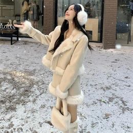 Robes de travail hiver deux pièces ensembles pour femmes 2024 mode épaisse veste de manteau en laine courte