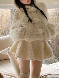 Robes de travail hiver chaude kawaii lolita jupe costume femmes laine coréenne douce en deux pièces 2024 manteau à capuche japonais