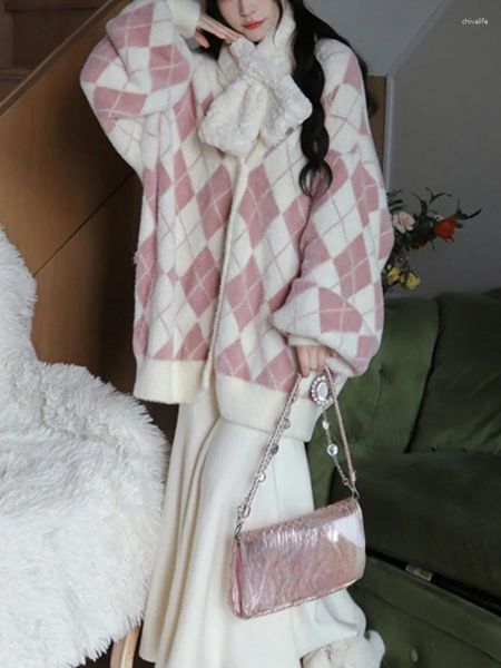 Vestidos de trabajo Invierno Cálido Vintage Faldas elegantes Traje Mujeres Coreano Dulce Conjunto de dos piezas Mujer Suéter de manga larga Cardigan Blanco Midi
