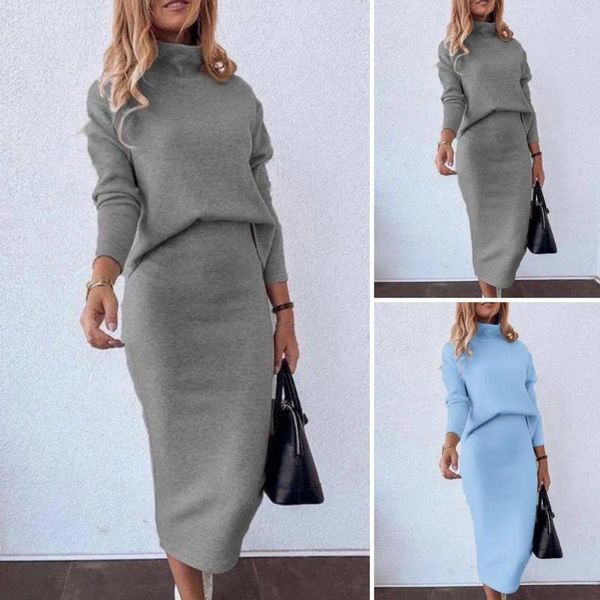 Vestidos de trabajo Traje de mujer de invierno Elegante falda de suéter de cuello alto para mujer Conjunto con manga larga Top Cintura elástica Longitud de media pantorrilla para OL