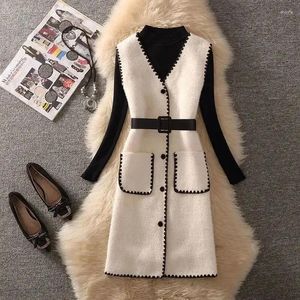 Werkjurken met riem gemiddelde lengte vest gebreide pullover trui set dames herfst Koreaanse versie van de Franse jurk top tweepije L144