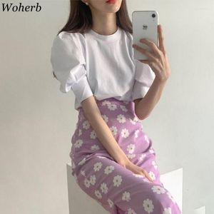 Vestidos de trabajo Woherb coreano elegante 2 piezas conjunto mujer sólido Puff manga camiseta alta cintura Floral lápiz faldas señoras Chic trajes traje