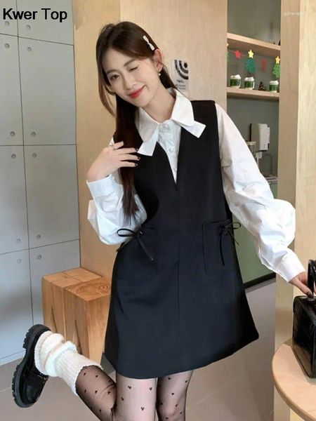 Robes de travail femme décontractée noire courte 2 pièces set printemps élégant manches longues chemises blanches