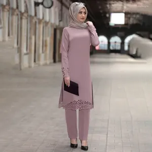 Werk jurken vrouw elegant moslimpak vintage stedelijk tracksuit 2pcs lange mouw v-neck blouse losse broek mode solide matching sets