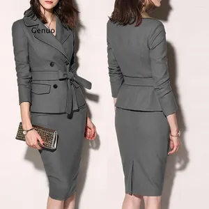 Robes de travail femme costume jupe veste Ropa bureau Mujer élégant manches longues à volants plissé Blazer 2 pièces Suite