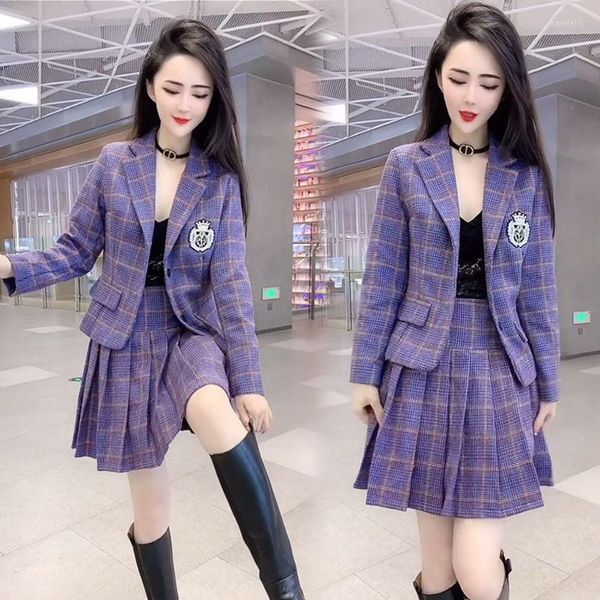 Vestidos de trabajo Mujer Vintage Tweed Conjunto de dos piezas Mujer Plaid Top Chaqueta de lana Abrigo y faldas de longitud midi Conjuntos Ropa para mujer Trajes G534