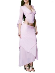 Vestidos de trabajo Mujer Trajes de verano de 2 piezas Color sólido 3 4 Manga de corte bajo Escote redondo Tops cortos Bodycon largo Falda de gasa escalonada