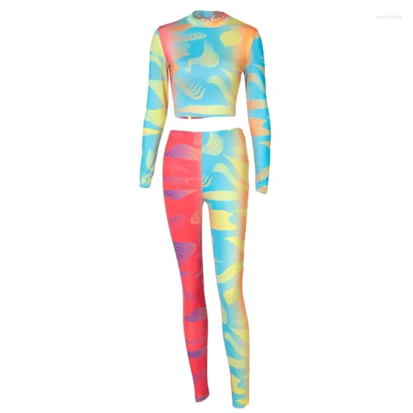 Robes de travail Femmes 2 pièces Tenues d'entraînement à manches longues Col roulé Crop Top Taille haute Leggings Neon Color Block Tie-Dye Survêtement N7YE