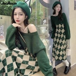 Werkjurken vrouwen herfst winter groene tank tankjurk tweedelige set Koreaanse dame palid mouwloze korte gebreide tops outfits 2024