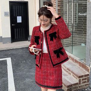 Werkjurken Dames Herfst/Winter Rode Tweed Dames Plaid Pakken Vrouwelijke Boog Jas Rok Tweedelige sets