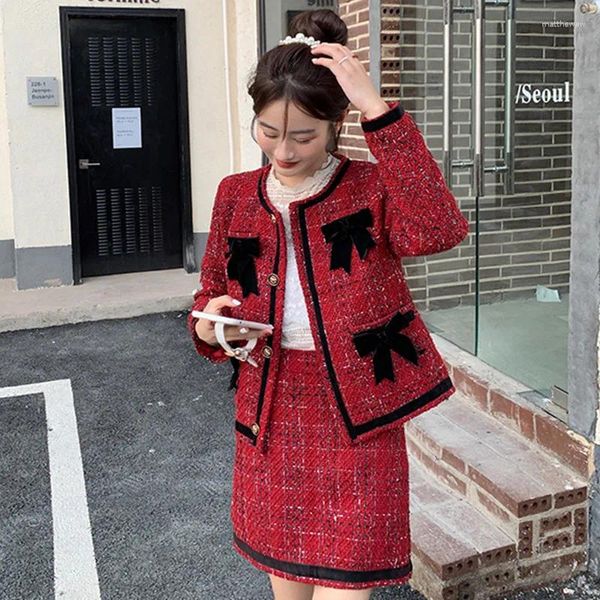 Vestidos de trabajo Mujeres Otoño/Invierno Rojo Tweed Señoras Trajes a cuadros Mujer Arco Abrigo Falda Conjuntos de dos piezas