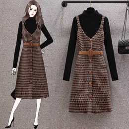 Robes de travail femmes automne hiver costume pull noir pull tweed jupe ensemble tricoté hauts à manches longues simple boutonnage avec ceinture robe à carreaux