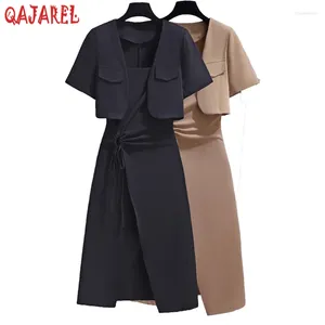 Werkjurken Women Black Vintage Hepburn Two -Piece Dress Sets 2024 Summer Midi top jas sexy geplooide sling
