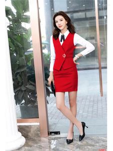 Robes de travail femmes costumes d'affaires jupe et gilet ensembles de haut porter des uniformes de bureau Styles formels dames gilet rouge