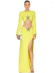 Robes de travail femmes célébrité sexy à manches longues citron jaune étoile de mer maxi jupe moulante ensemble 2023 élégante soirée club tenues de fête
