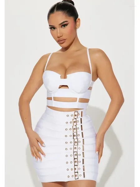 Vestidos de trabajo Mujeres Celebridad Sexy Sin mangas Recortadas Hebillas Negro Blanco Mini Falda ajustada Conjunto 2023 Elegantes trajes de fiesta del club de noche