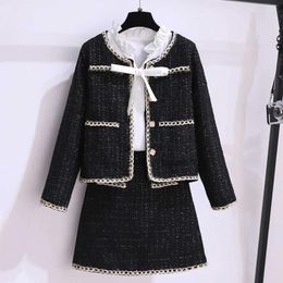 Robes de travail femmes Chic Tweed parfumé costume Jacke manteau blanc petit haut et jupe trois pièces ensemble tenue hiver Jacquard fête Y2K vêtements