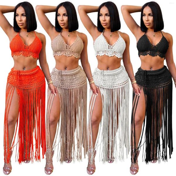 Vestidos de trabajo Mujeres Crochet Bikini Set Borla Traje de baño Vendaje 2 piezas Playa de punto Verano Sexy Hollow Out Long Cover Up Trajes de falda